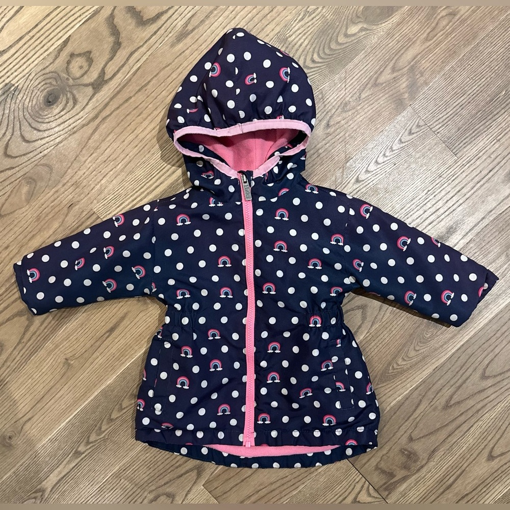 Hatley fleece-lined long fall jacket rainbows and dots